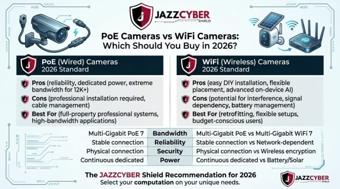 Comparison infographic between PoE (Wired) and WiFi (Wireless) security cameras in 2026, showing pros, cons, bandwidth capabilities like PoE 7 and WiFi 7, and power options by JazzCyber Shield.