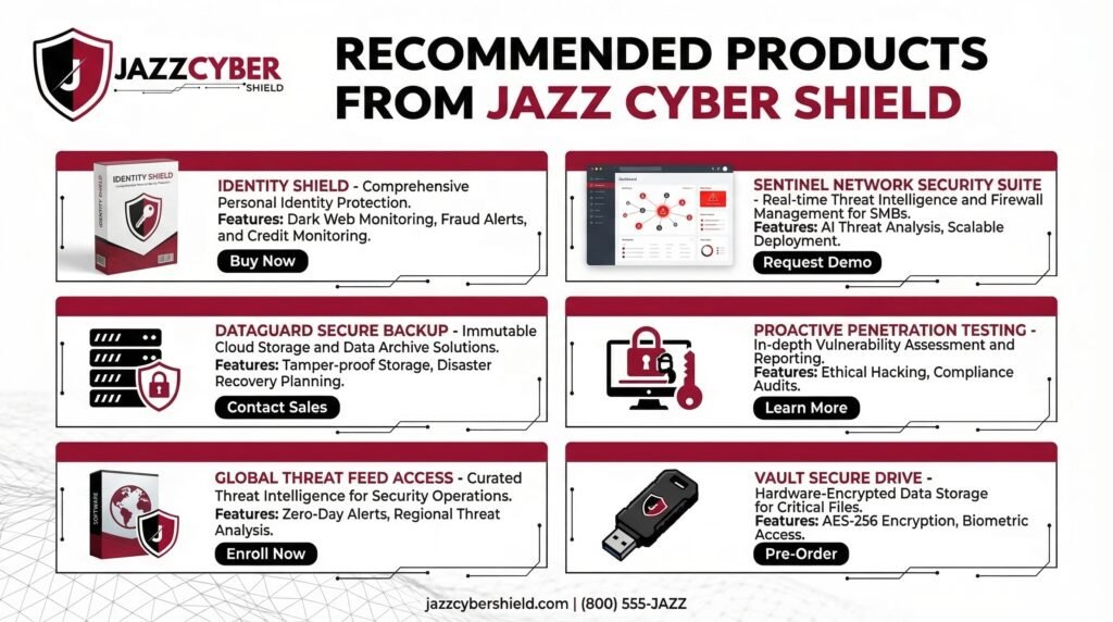 Jazz Cyber Shield recommended cybersecurity products for home network security — including Identity Shield, Sentinel Network Suite, DataGuard Backup, and Vault Secure Drive