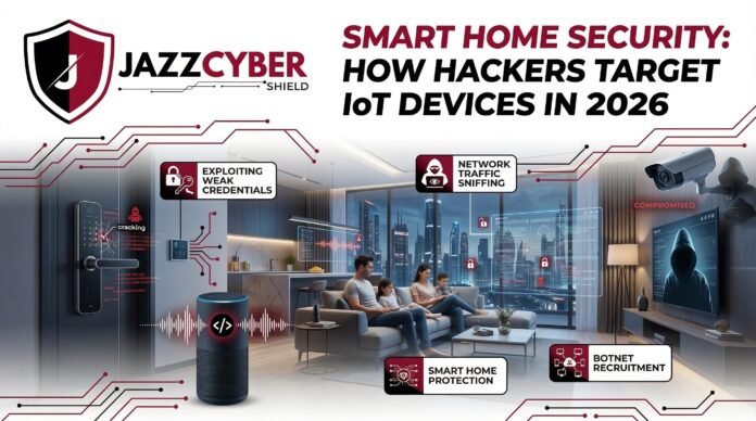 Smart home security threats in 2026 — family unaware of IoT hacking risks including weak credentials, network traffic sniffing, and botnet recruitment