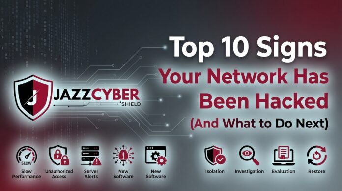 Top 10 signs your network has been hacked including slow performance, unauthorized access, server alerts, and how to restore network security