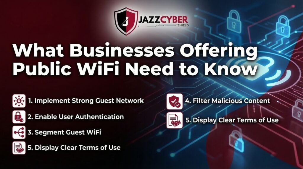 Jazz Cyber Shield infographic showing 5 things businesses offering public WiFi need to know in 2026 including guest network segmentation, user authentication, malicious content filtering, and clear terms of use