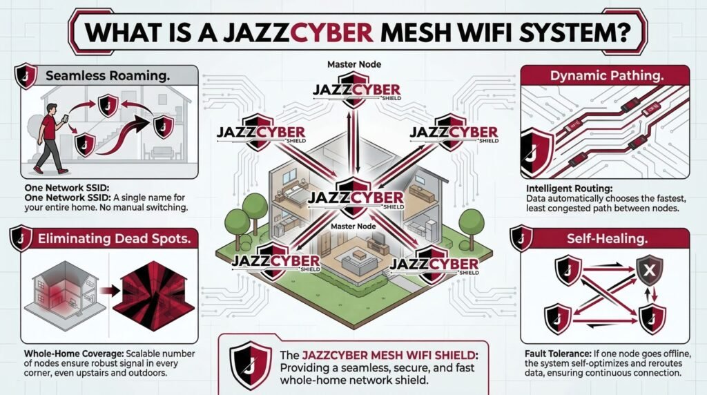 What is a mesh WiFi system — infographic showing seamless roaming, dead spot elimination, dynamic pathing, self-healing nodes and whole-home coverage by Jazz Cyber Shield