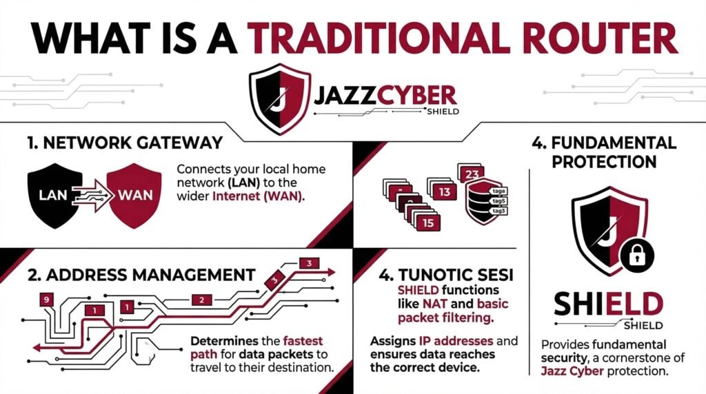 What is a traditional router — infographic showing network gateway, address management, NAT packet filtering and fundamental protection functions by Jazz Cyber Shield