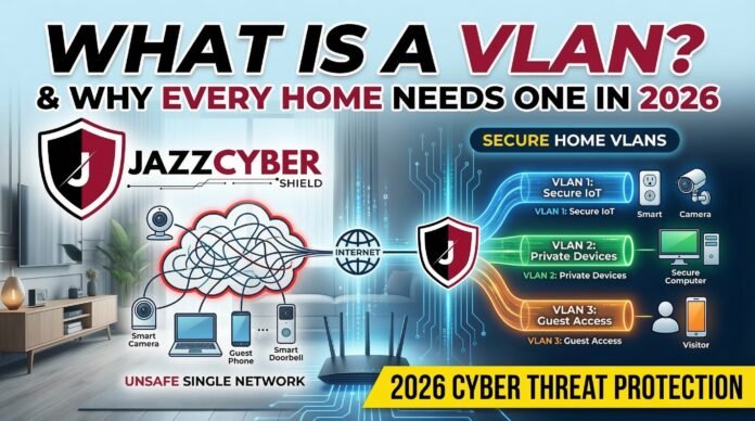VLAN for home network security diagram showing IoT isolation, private devices, and guest access VLANs in 2026 — Jazz Cyber Shield