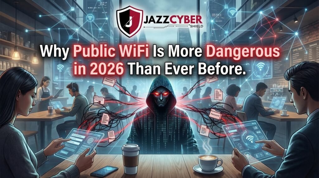 Hooded hacker with glowing red eyes stealing passwords and personal information from unsuspecting café users on public WiFi in 2026 — Jazz Cyber Shield