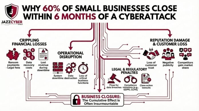 Broken padlock over a small business storefront representing why 60% of small businesses close within 6 months of a cyberattack — Jazz Cyber Shield