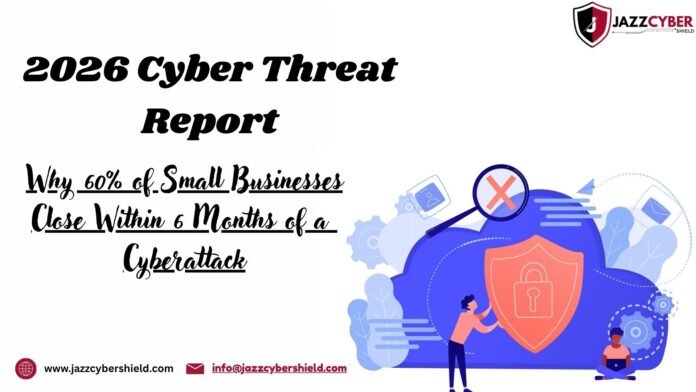 Broken padlock over a small business storefront representing why 60% of small businesses close within 6 months of a cyberattack — Jazz Cyber Shield