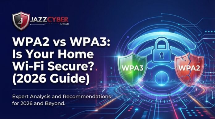 WPA2 vs WPA3 comparison showing a secure green WPA3 shield and a cracked red WPA2 shield on a dark blue cybersecurity background — Jazz Cyber Shield 2026 Guide