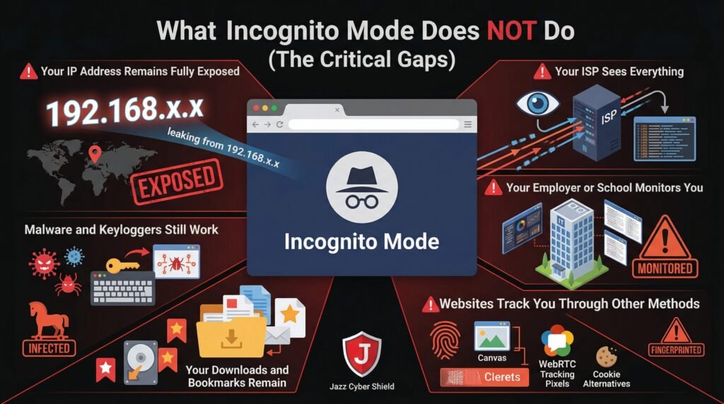 What incognito mode does not do - six critical privacy gaps including IP address exposure, ISP monitoring, employer tracking, browser fingerprinting, persistent downloads, and active malware threats