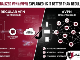 Decentralized VPN dVPN network illustration showing blockchain-based privacy, secure internet browsing, and comparison with traditional VPN technology