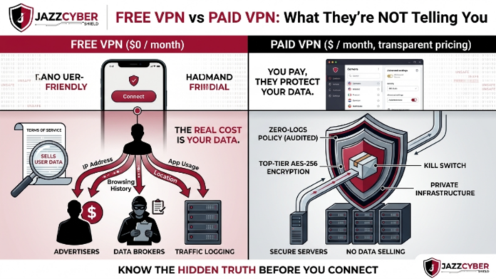 Free VPN vs paid VPN comparison showing privacy risks and security differences