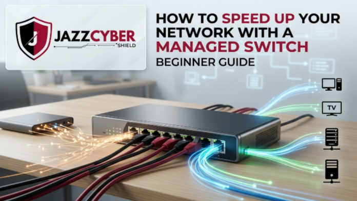 Managed switch setup diagram showing VLAN, QoS, and link aggregation for faster business network speed and reduced latency