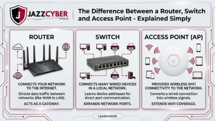 Router vs switch vs access point comparison diagram for small business network setup