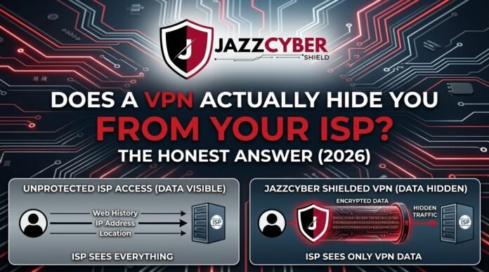 Does a VPN hide you from your ISP – Infographic showing unprotected vs VPN-protected internet traffic by Jazz Cyber Shield