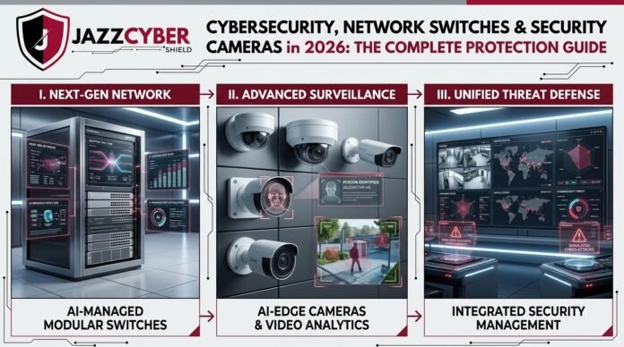 Cybersecurity 2026 infographic showing network switches, AI-edge security cameras, and unified threat defense dashboard
