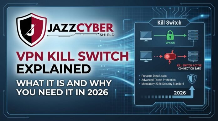 Infographic explaining how a VPN Kill Switch prevents data leaks by cutting the internet connection when the VPN drops, featuring the Jazz Cyber Shield logo.