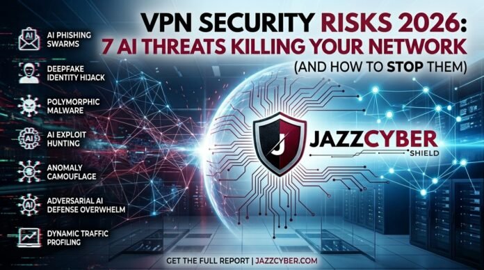 VPN security risks 2026 infographic showing AI threats breaking firewall network defense