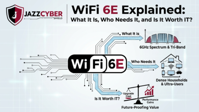 WiFi 6E tri-band access point broadcasting across the 6GHz spectrum in a modern enterprise office environment — Jazz Cyber Shield
