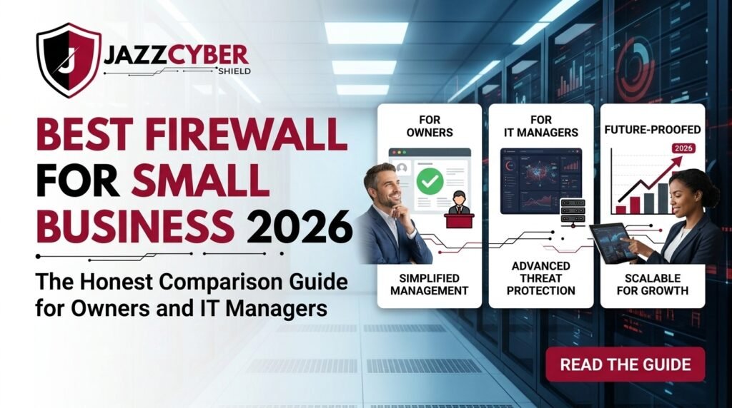 Best firewall for small business 2026 comparison showing Fortinet FortiGate, SonicWall TZ, WatchGuard Firebox, and Cisco Meraki devices
