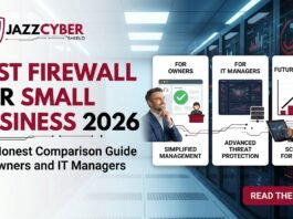 Best firewall for small business 2026 comparison showing Fortinet FortiGate, SonicWall TZ, WatchGuard Firebox, and Cisco Meraki devices