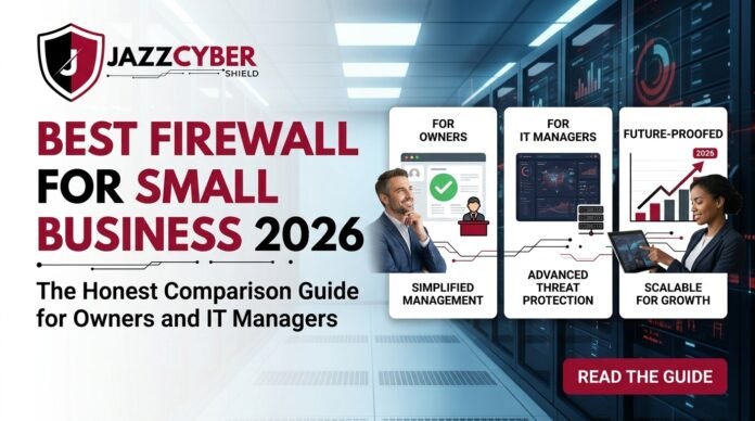 Best firewall for small business 2026 comparison showing Fortinet FortiGate, SonicWall TZ, WatchGuard Firebox, and Cisco Meraki devices