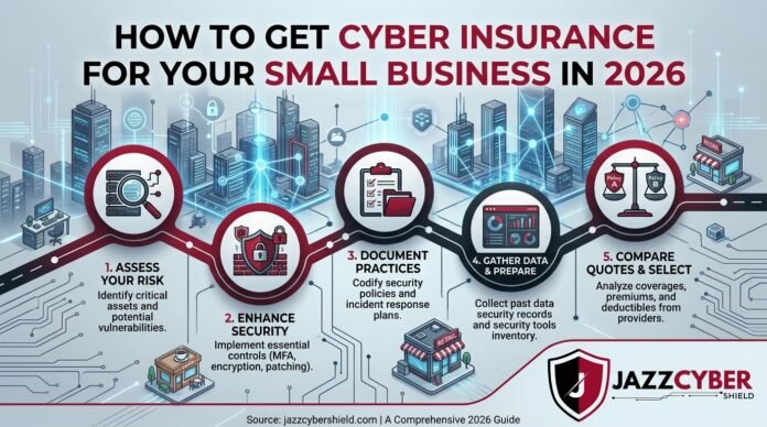 Small business owner reviewing cyber insurance policy documents for cybersecurity protection