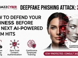 Deepfake phishing attack illustration showing AI face overlay during fraudulent video call in 2026