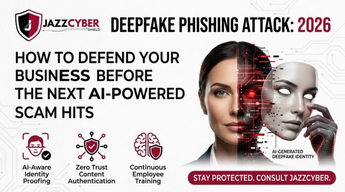 Deepfake phishing attack illustration showing AI face overlay during fraudulent video call in 2026