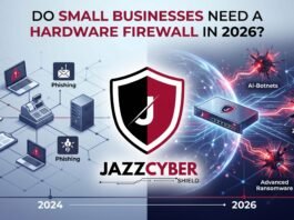 Small business firewall appliance protecting a network in 2026 — SonicWall and FortiGate UTM options from Jazz Cyber Shield