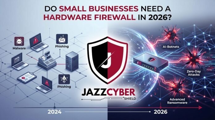 Small business firewall appliance protecting a network in 2026 — SonicWall and FortiGate UTM options from Jazz Cyber Shield