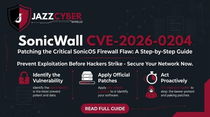 SonicWall CVE-2026-0204 firewall patch alert banner showing SonicOS vulnerability warning