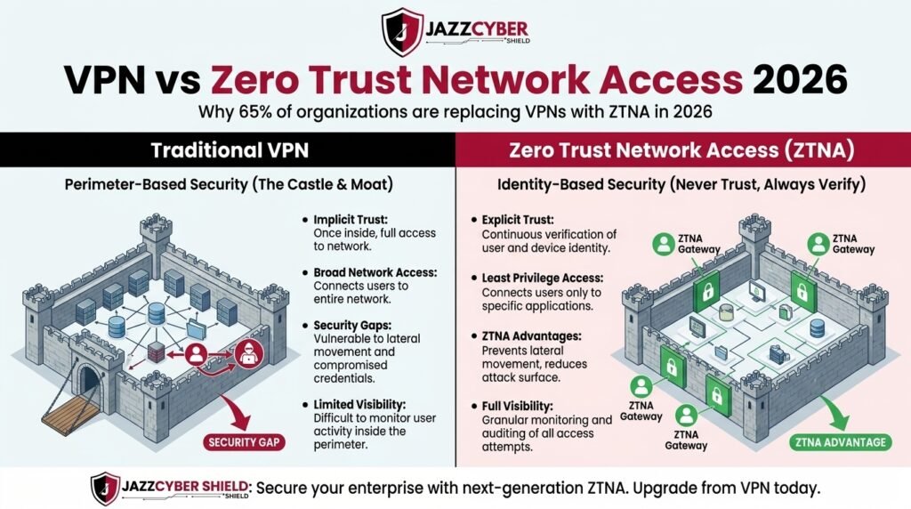 VPN vs zero trust network security comparison showing security gaps and ZTNA advantages