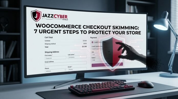 WooCommerce checkout skimming attack stealing credit card data on a WordPress store