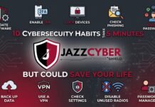 10 Cybersecurity Habits That Take 5 Minutes But Could Save Your Life 10 cybersecurity habits that take 5 minutes — person checking phone security settings with a clock showing 5 minutes, Jazz Cyber Shield guide
