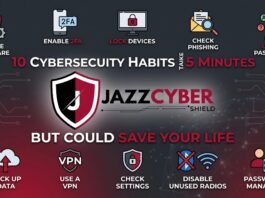 10 Cybersecurity Habits That Take 5 Minutes But Could Save Your Life 10 cybersecurity habits that take 5 minutes — person checking phone security settings with a clock showing 5 minutes, Jazz Cyber Shield guide