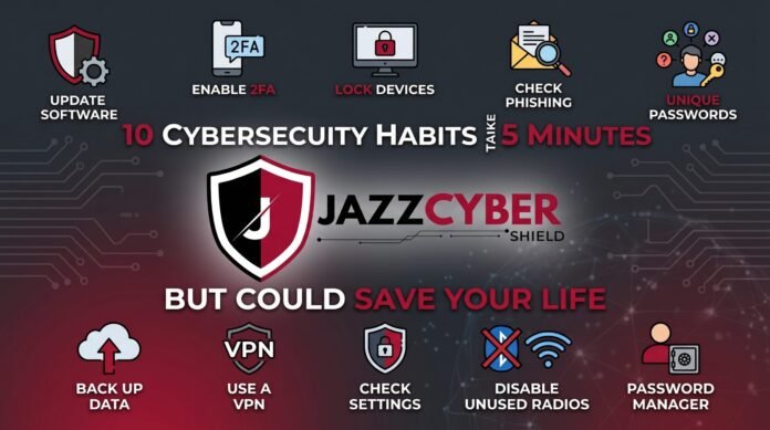 10 cybersecurity habits that take 5 minutes — person checking phone security settings with a clock showing 5 minutes, Jazz Cyber Shield guide