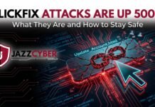 ClickFix Attacks Are Up 500% What They Are and How to Stay Safe ClickFix attacks explained — fake browser error popup on computer screen tricking user into running a malicious PowerShell command, Jazz Cyber Shield cybersecurity warning