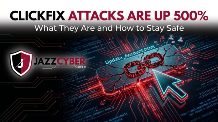 ClickFix attacks explained — fake browser error popup on computer screen tricking user into running a malicious PowerShell command, Jazz Cyber Shield cybersecurity warning