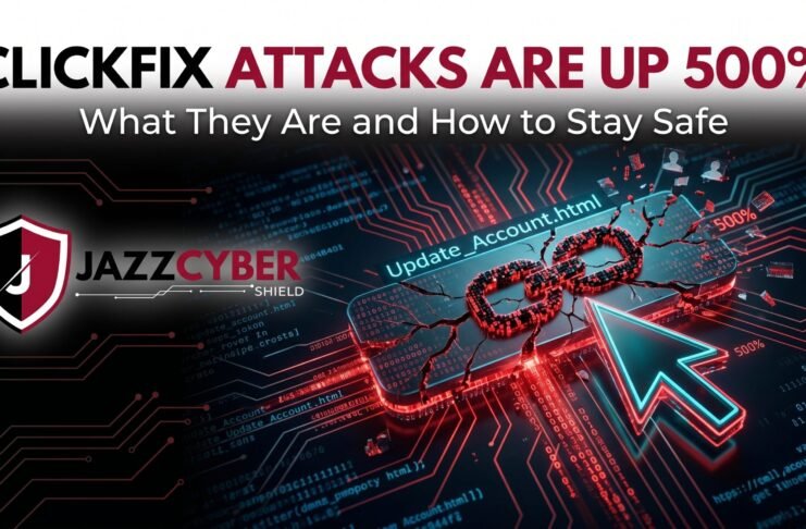 ClickFix attacks explained — fake browser error popup on computer screen tricking user into running a malicious PowerShell command, Jazz Cyber Shield cybersecurity warning