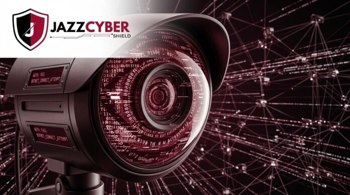 IP security camera with a red warning overlay indicating possible botnet infection