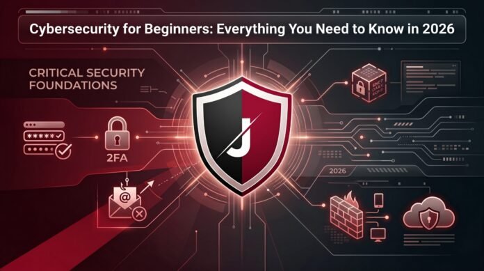 Cybersecurity for beginners 2026 guide — person learning basic online safety with password manager and two-factor authentication on laptop, Jazz Cyber Shield