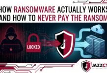How Ransomware Actually Works and How to Never Pay the Ransom How ransomware works — encrypted computer screen with ransom note and countdown timer, Jazz Cyber Shield cybersecurity