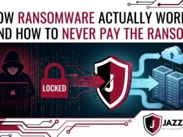 How ransomware works — encrypted computer screen with ransom note and countdown timer, Jazz Cyber Shield cybersecurity