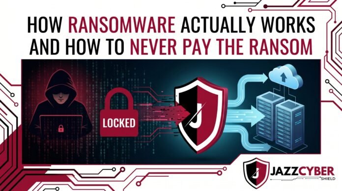 How ransomware works — encrypted computer screen with ransom note and countdown timer, Jazz Cyber Shield cybersecurity