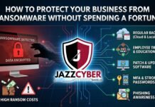 How to Protect Your Business From Ransomware Without Spending a Fortune How to protect your business from ransomware in 2026 — small business owner looking at encrypted screen with ransomware demand, Jazz Cyber Shield cybersecurity guide