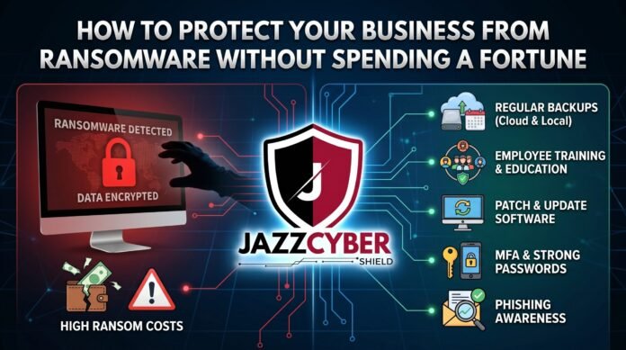 How to protect your business from ransomware in 2026 — small business owner looking at encrypted screen with ransomware demand, Jazz Cyber Shield cybersecurity guide