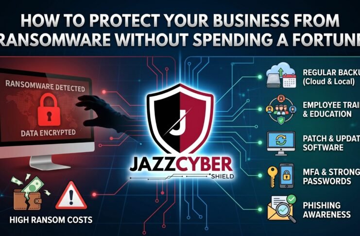How to protect your business from ransomware in 2026 — small business owner looking at encrypted screen with ransomware demand, Jazz Cyber Shield cybersecurity guide