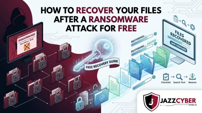 Ransomware attack recovery guide 2026 — business owner at computer seeing ransomware demand screen with free recovery options available, Jazz Cyber Shield cybersecurity