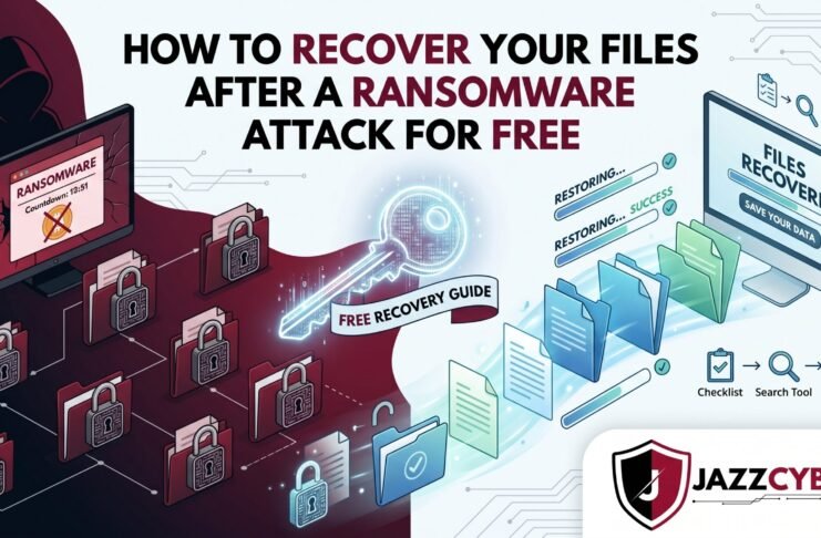 Ransomware attack recovery guide 2026 — business owner at computer seeing ransomware demand screen with free recovery options available, Jazz Cyber Shield cybersecurity