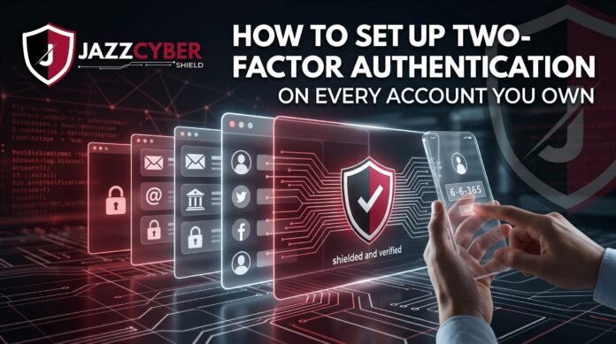 How to set up two-factor authentication on every account — smartphone showing authenticator app code next to laptop login screen, Jazz Cyber Shield security guide